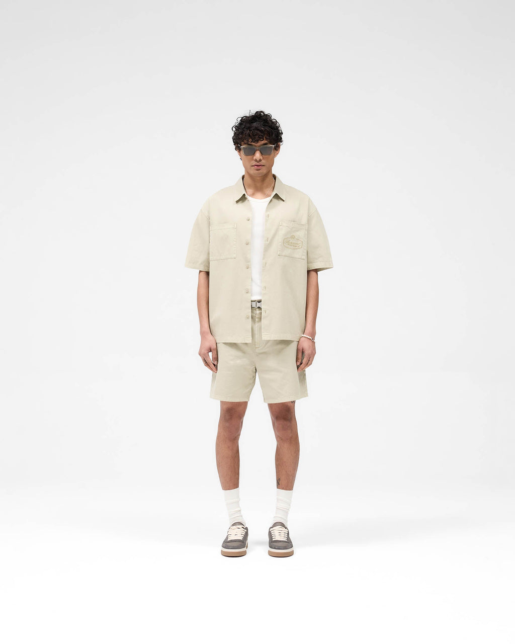 Short Sleeve Cotton Overshirt - Beige