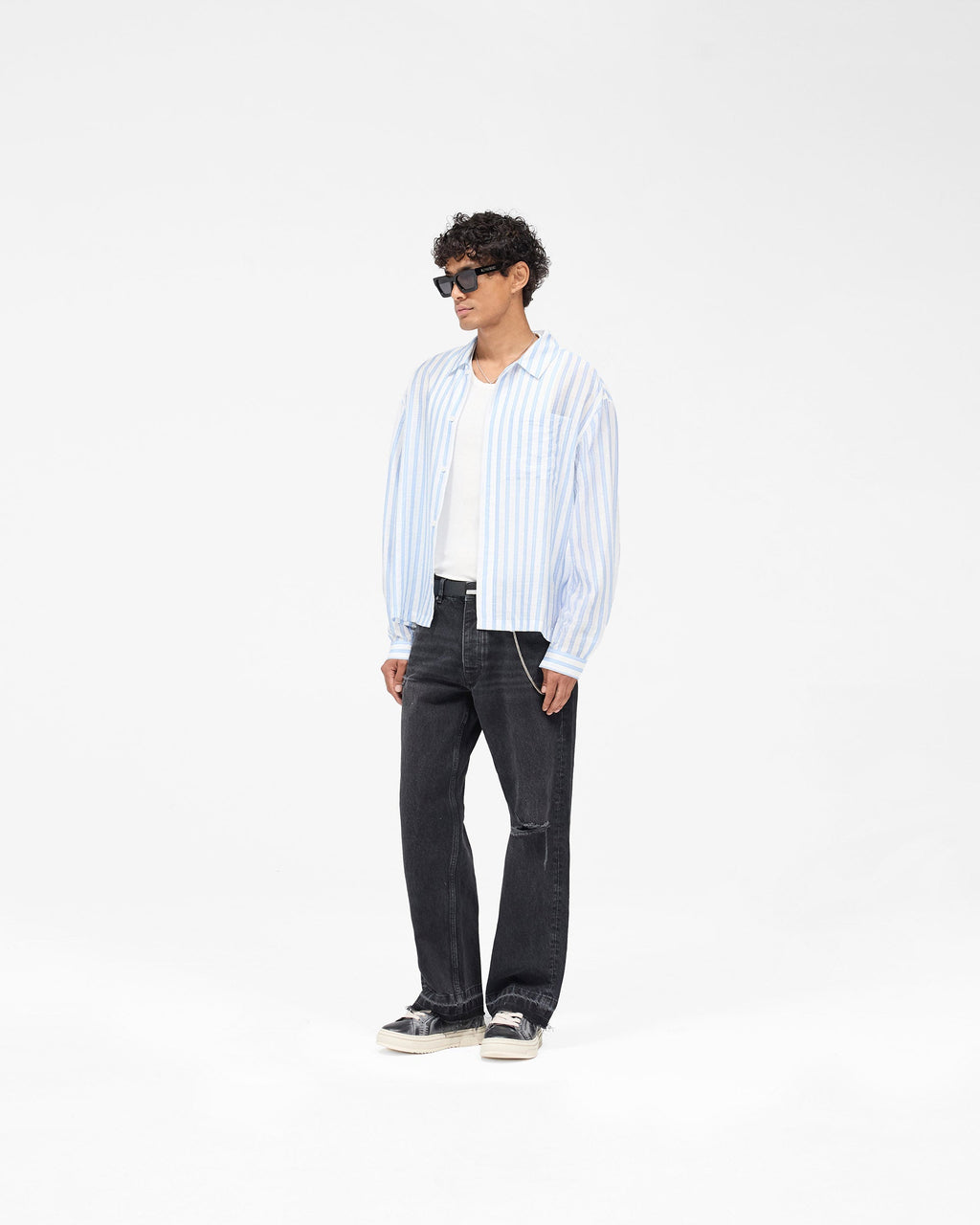 Long Sleeve Sheer Stripe Boxy Shirt - Ice Blue
