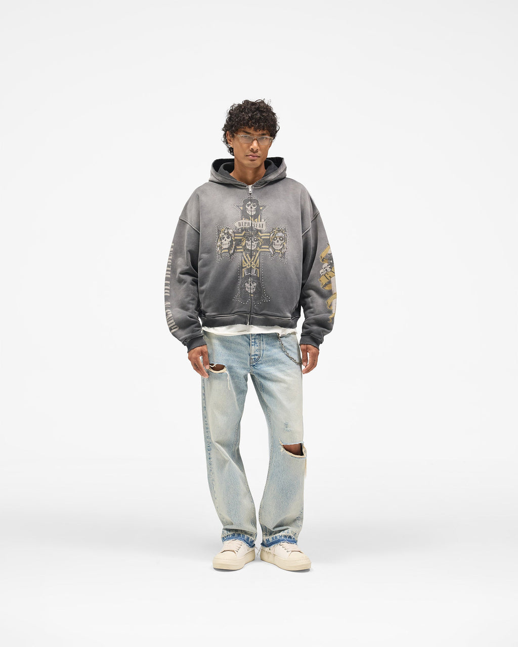 Represent X Guns N' Roses Cross Zip Through Hoodie - Stained Black