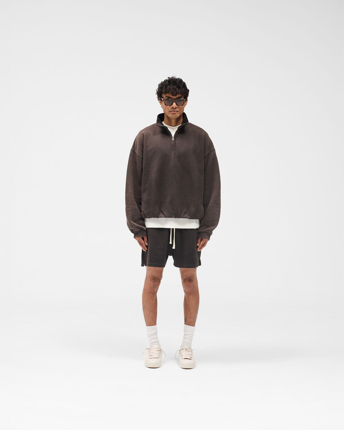 Initial Funnel Neck Quarter Zip Sweatshirt - Coffee