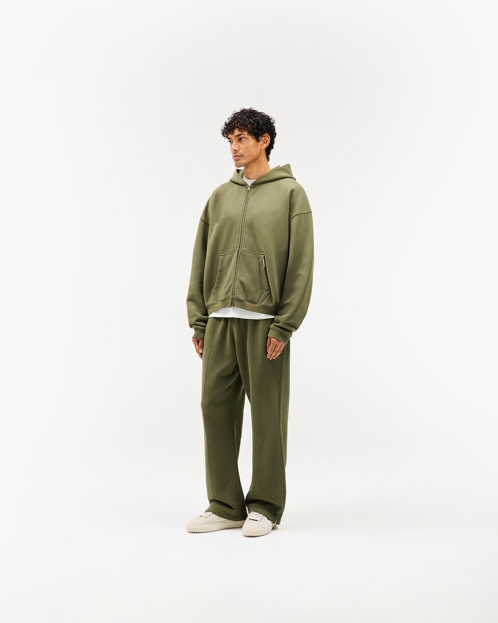 Initial Boxy Zip Through Hoodie - Army Green