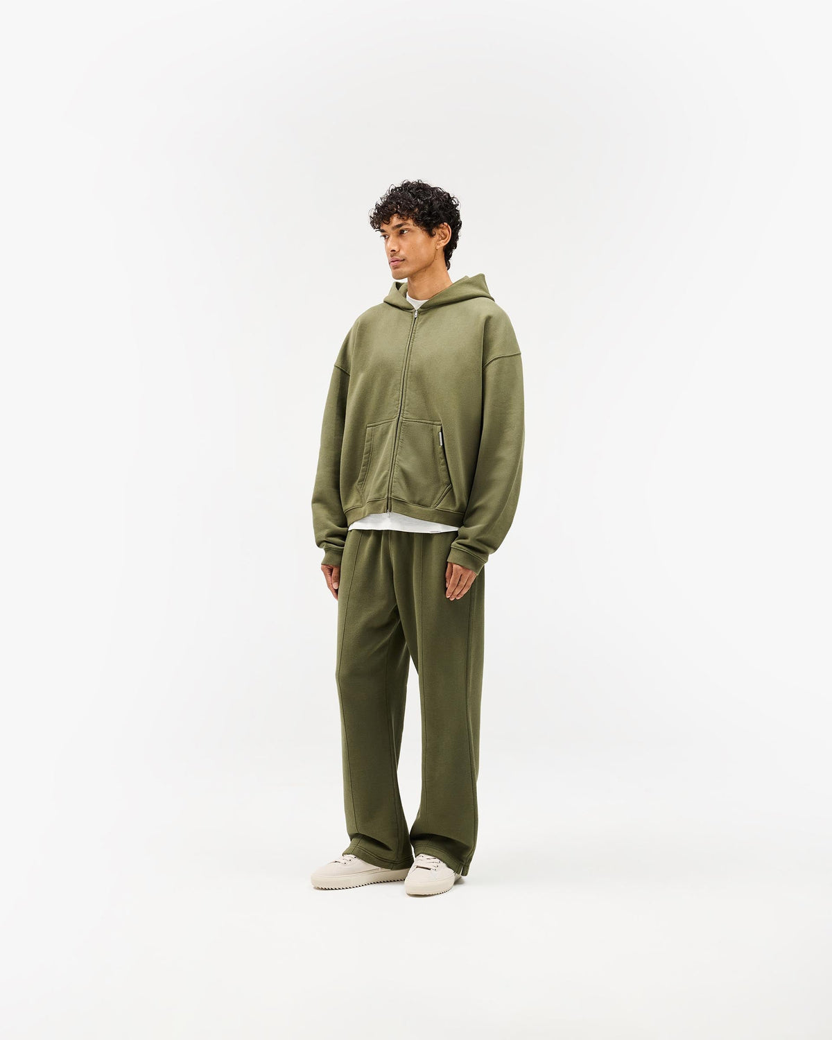 Initial Boxy Zip Through Hoodie - Army Green