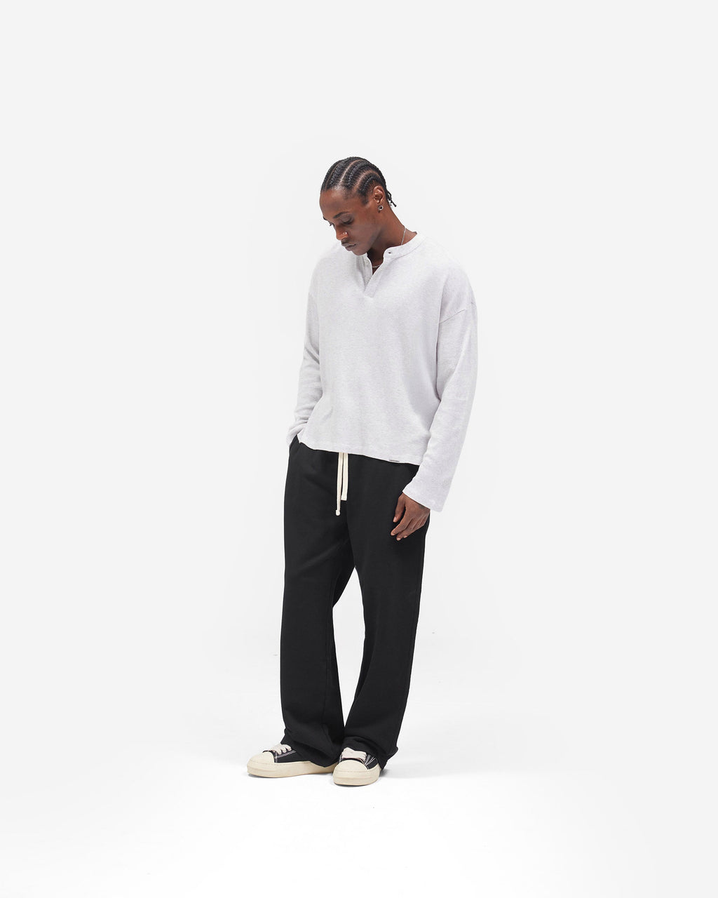 Initial Henley Waffle Long Sleeve T-Shirt - Ice Grey Marl