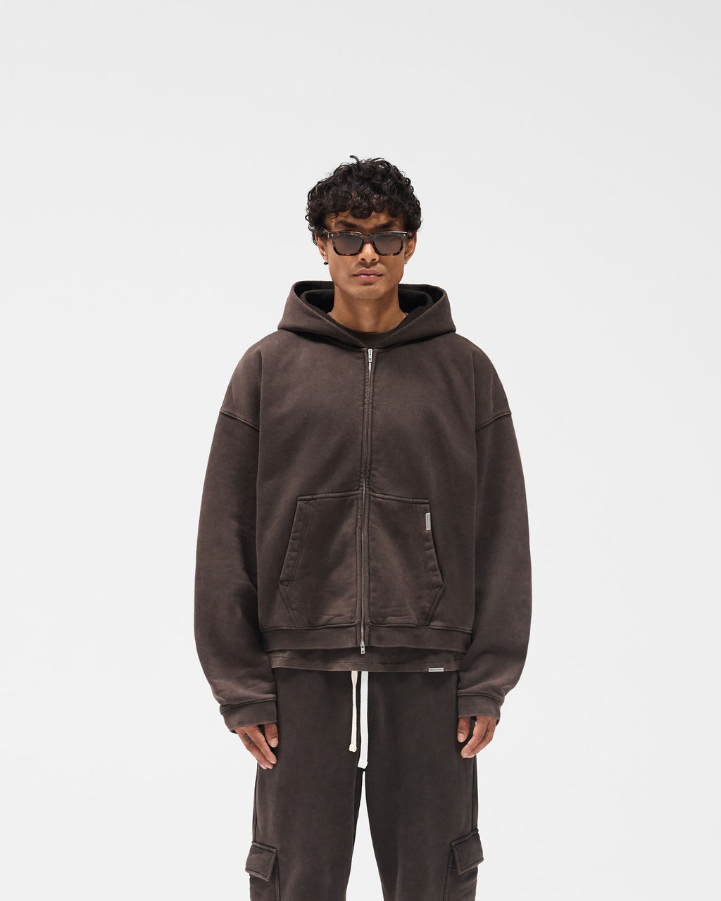 Initial Boxy Zip Through Hoodie - Coffee
