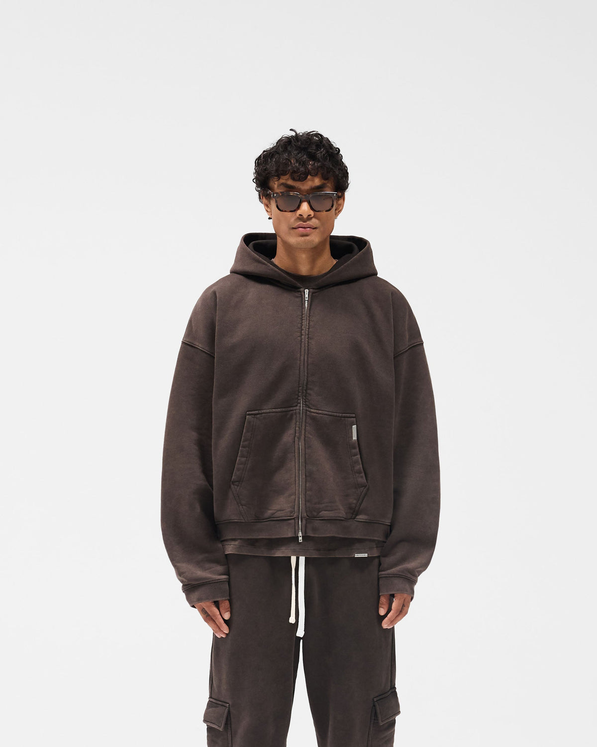 Initial Boxy Zip Through Hoodie - Coffee