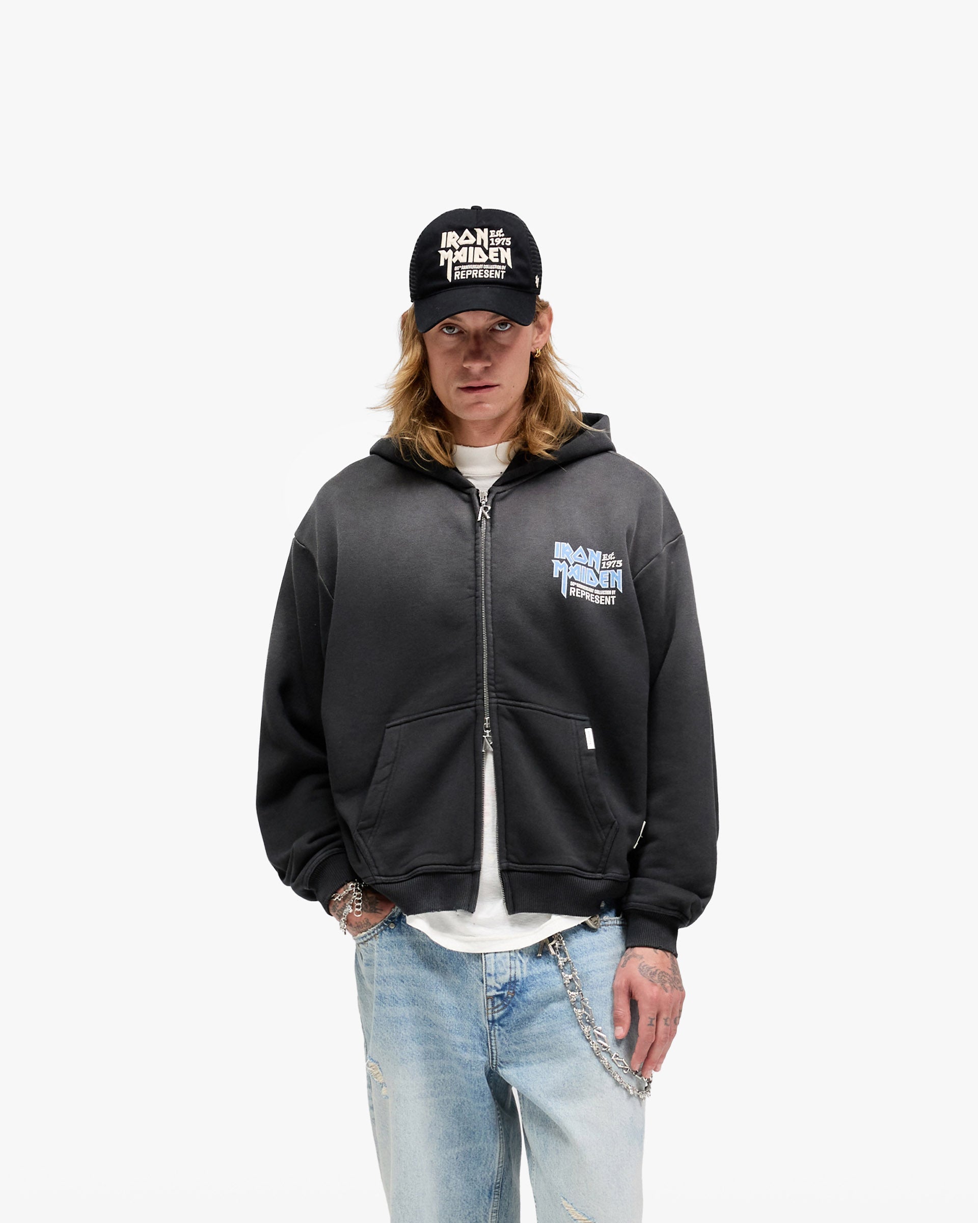 Represent X Iron Maiden Anniversary Zip Through Hoodie - Stained Black